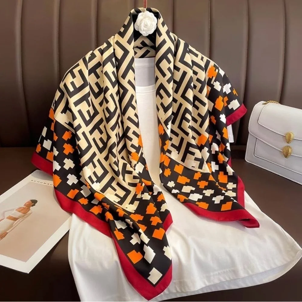 COPY - Geometric Patterned Silk like Scarf - Red, Black, Cream bandana